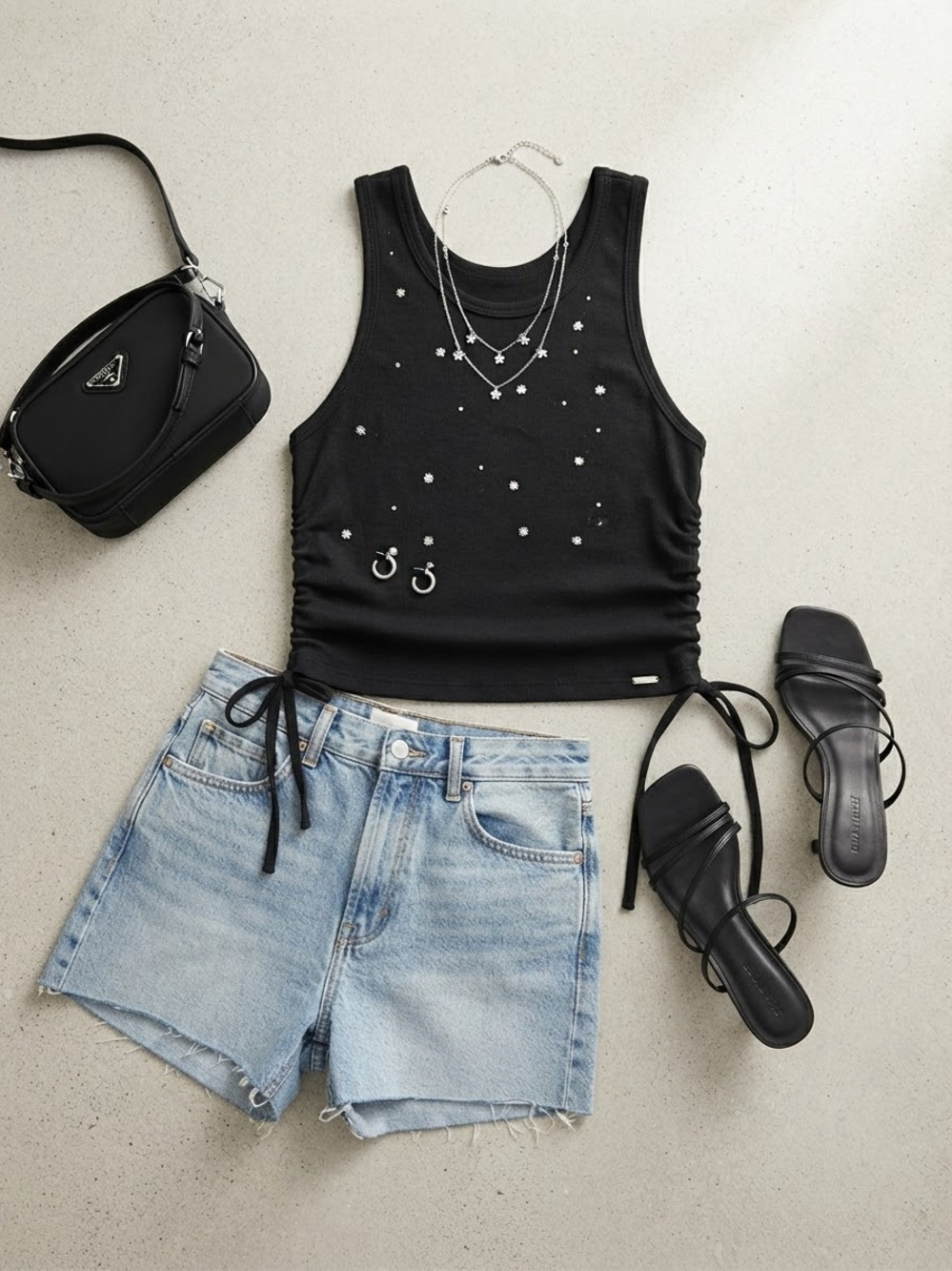 Black Sleeveless Star-Embellished Ruched Tank Top